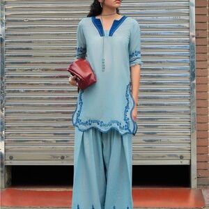 Pakistani designer Chic Blue Embroidered Long Sleeve Dress